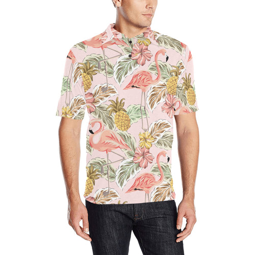 Pink flamingo birds pineapples hibiscus flower pat Men's All Over Print Polo Shirt