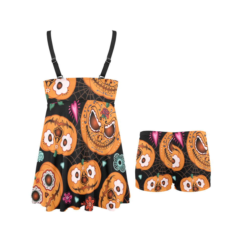 Pumpkin flowers spiderweb Halloween theme Chest Sexy Pleated Two Piece Swim Dress