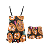 Pumpkin flowers spiderweb Halloween theme Chest Sexy Pleated Two Piece Swim Dress