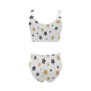hand drawn gold black star pattern Chest Bowknot High Waisted Bikini Swimsuit