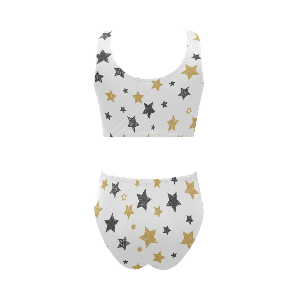 hand drawn gold black star pattern Chest Bowknot High Waisted Bikini Swimsuit