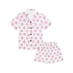 Pig Pattern Print Design 03 Kids' Boys' Girls' V-Neck Short Pajama Set