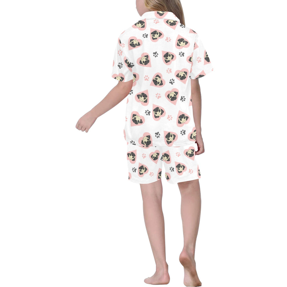 Cute pugs pink heart paw pattern Kids' Boys' Girls' V-Neck Short Pajama Set