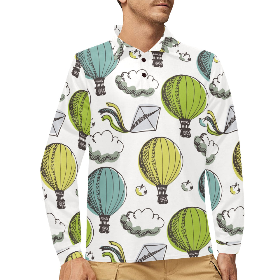 Hot Air Balloon Bird Cloud Pattern Men's Long Sleeve Polo Shirt
