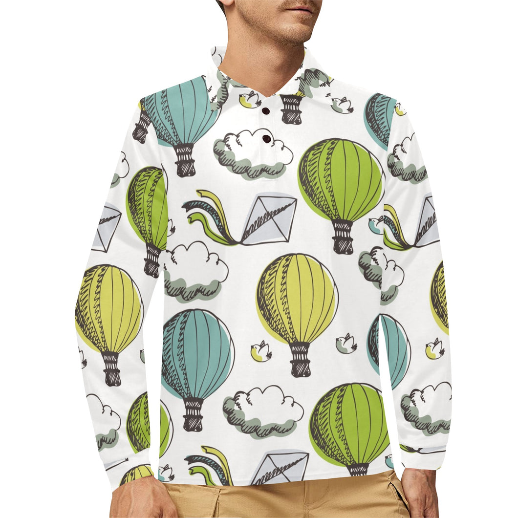 Hot Air Balloon Bird Cloud Pattern Men's Long Sleeve Polo Shirt
