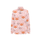 Cute fox pattern pink background Women's Long Sleeve Polo Shirt