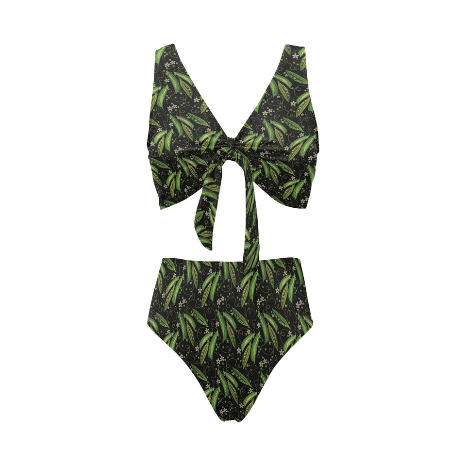 Green Peas Pattern Print Design 02 Chest Bowknot High Waisted Bikini Swimsuit