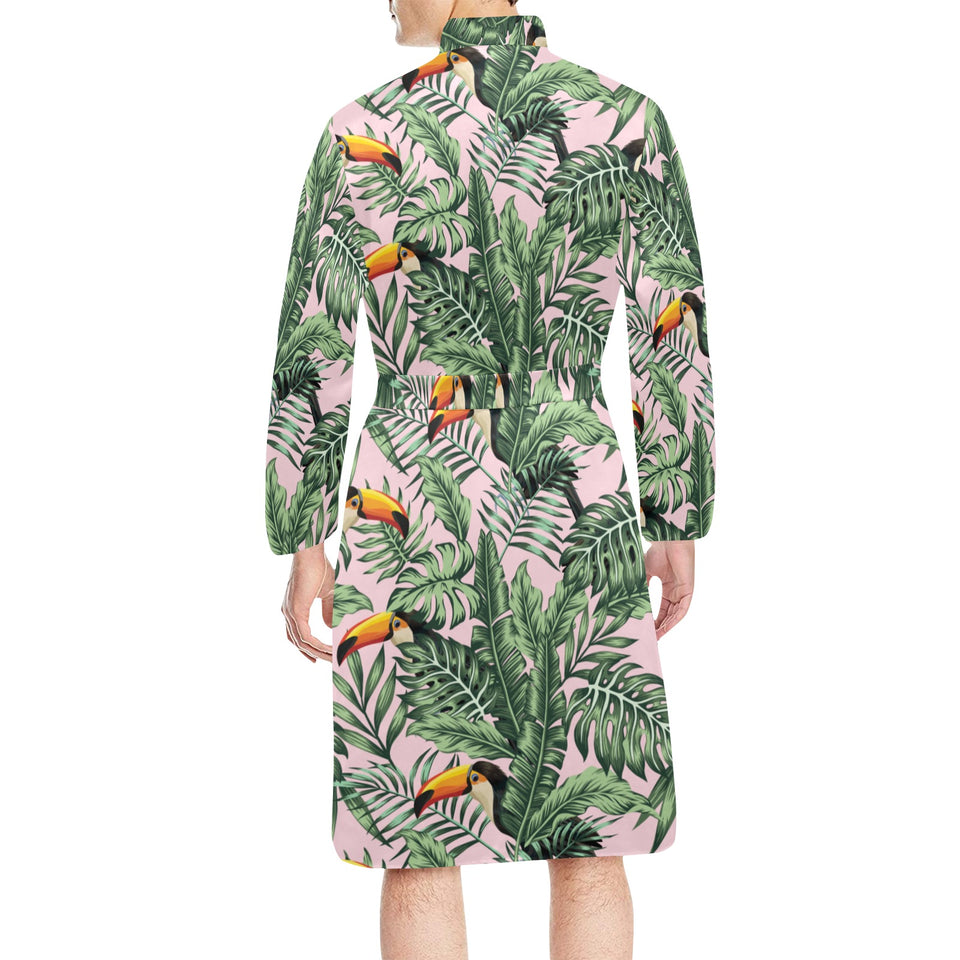 Toucan tropical flower leave pattern Men's Long Sleeve Belted Night Robe