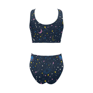 space pattern with planets, comets, constellations Chest Bowknot High Waisted Bikini Swimsuit