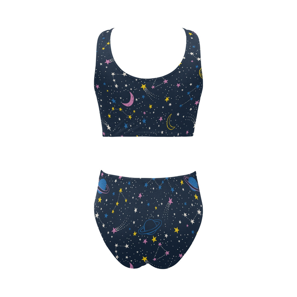 space pattern with planets, comets, constellations Chest Bowknot High Waisted Bikini Swimsuit