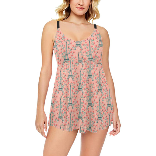 Eiffel Tower Flower Pattern Design 03 Chest Sexy Pleated Two Piece Swim Dress