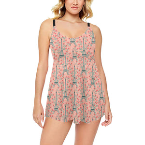Eiffel Tower Flower Pattern Design 03 Chest Sexy Pleated Two Piece Swim Dress