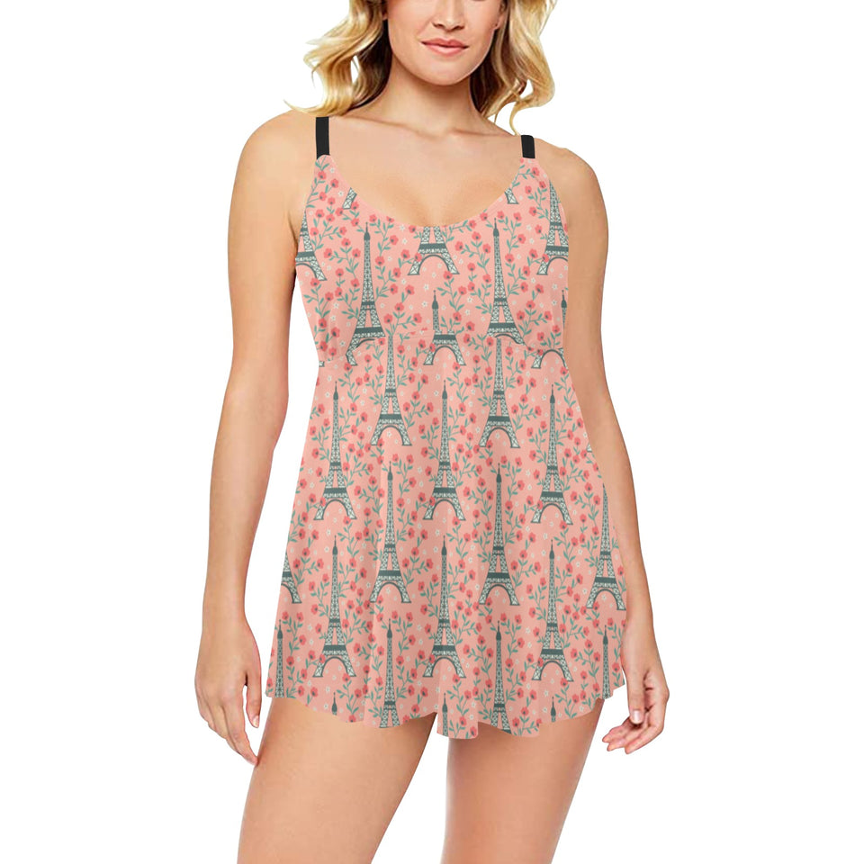 Eiffel Tower Flower Pattern Design 03 Chest Sexy Pleated Two Piece Swim Dress