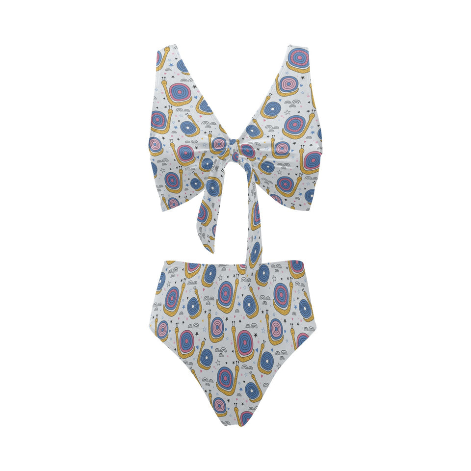 Snail Pattern Print Design 05 Chest Bowknot High Waisted Bikini Swimsuit