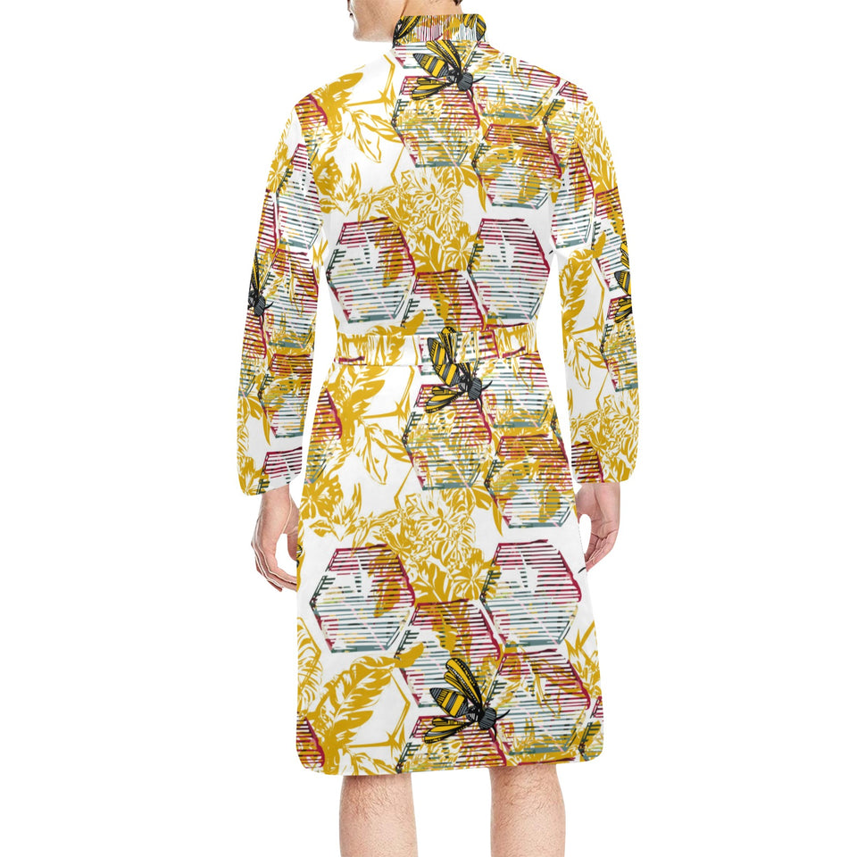 Cool Bee honeycomb leaves pattern Men's Long Sleeve Belted Night Robe
