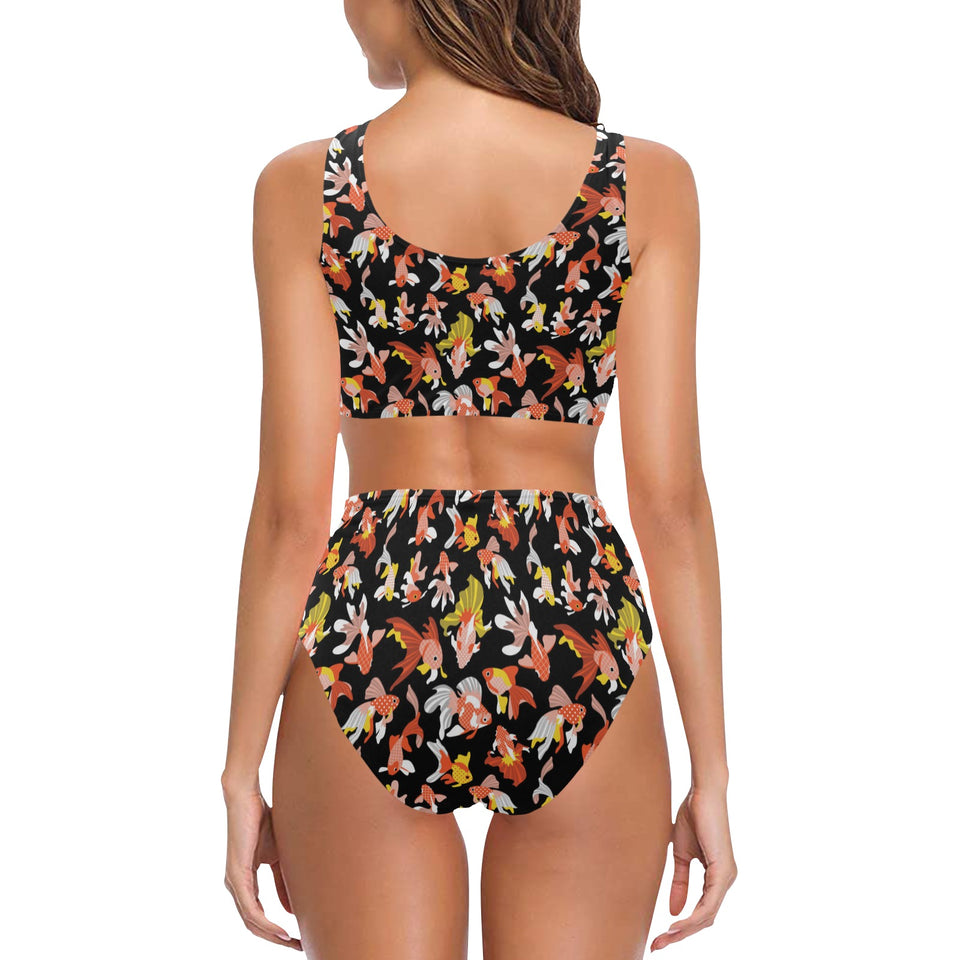 Goldfish Pattern Print Design 03 Chest Bowknot High Waisted Bikini Swimsuit