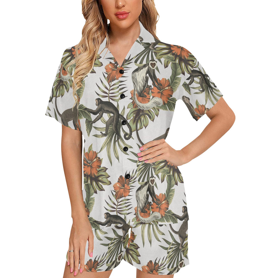 Monkey red hibiscus flower palm leaves floral patt Women's V-Neck Short Pajama Set