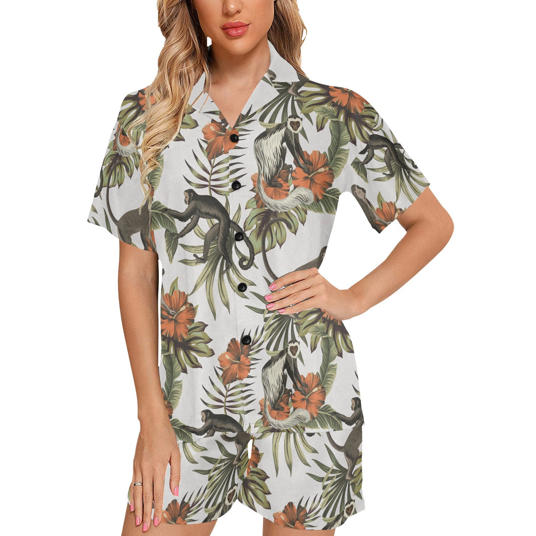 Monkey red hibiscus flower palm leaves floral patt Women's V-Neck Short Pajama Set