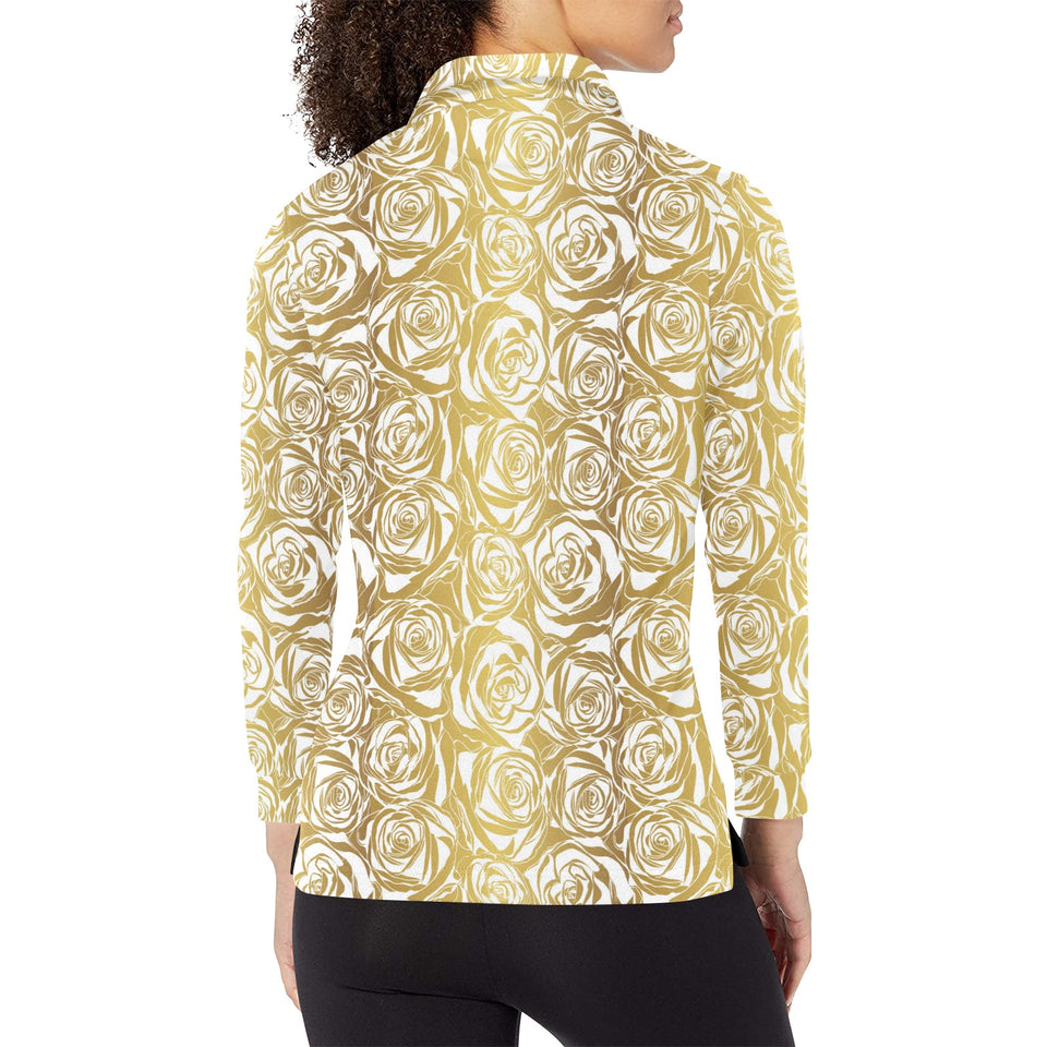 Rose Pattern Print Design 05 Women's Long Sleeve Polo Shirt