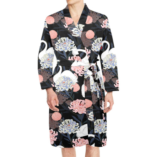 white swan blooming flower pattern Men's Long Sleeve Belted Night Robe