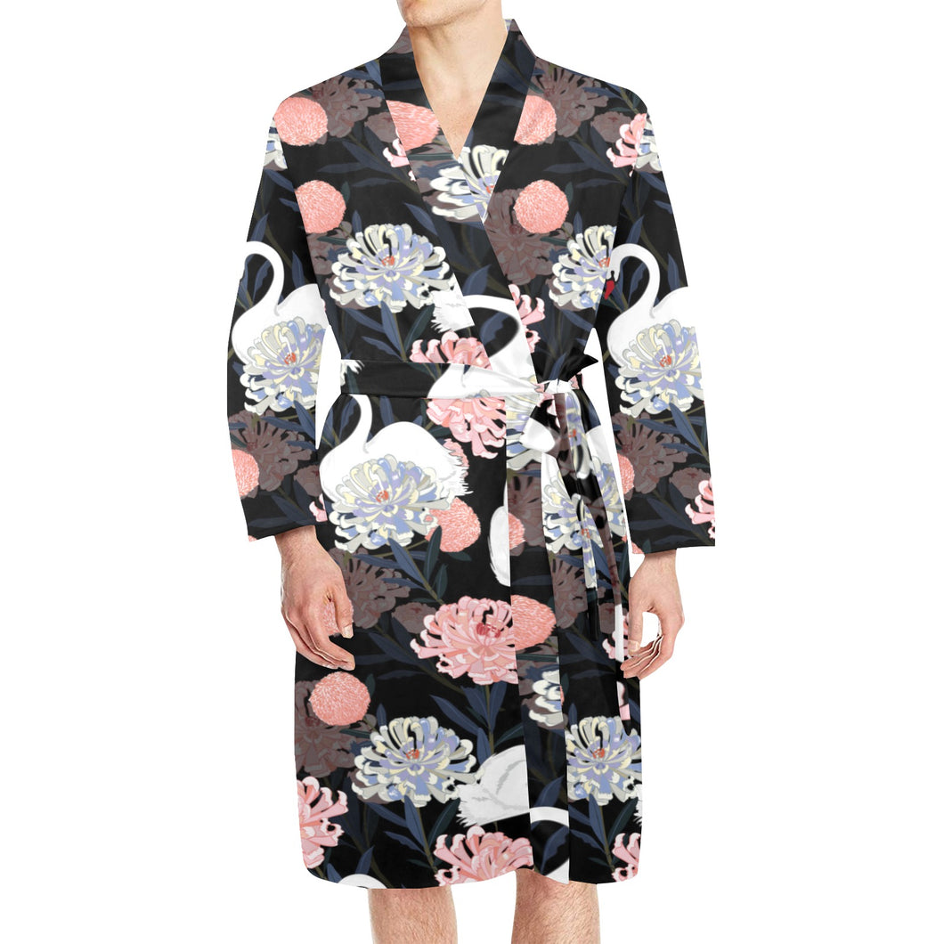 white swan blooming flower pattern Men's Long Sleeve Belted Night Robe