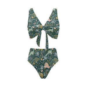 dinosaurs tropical leaves flower pattern Chest Bowknot High Waisted Bikini Swimsuit