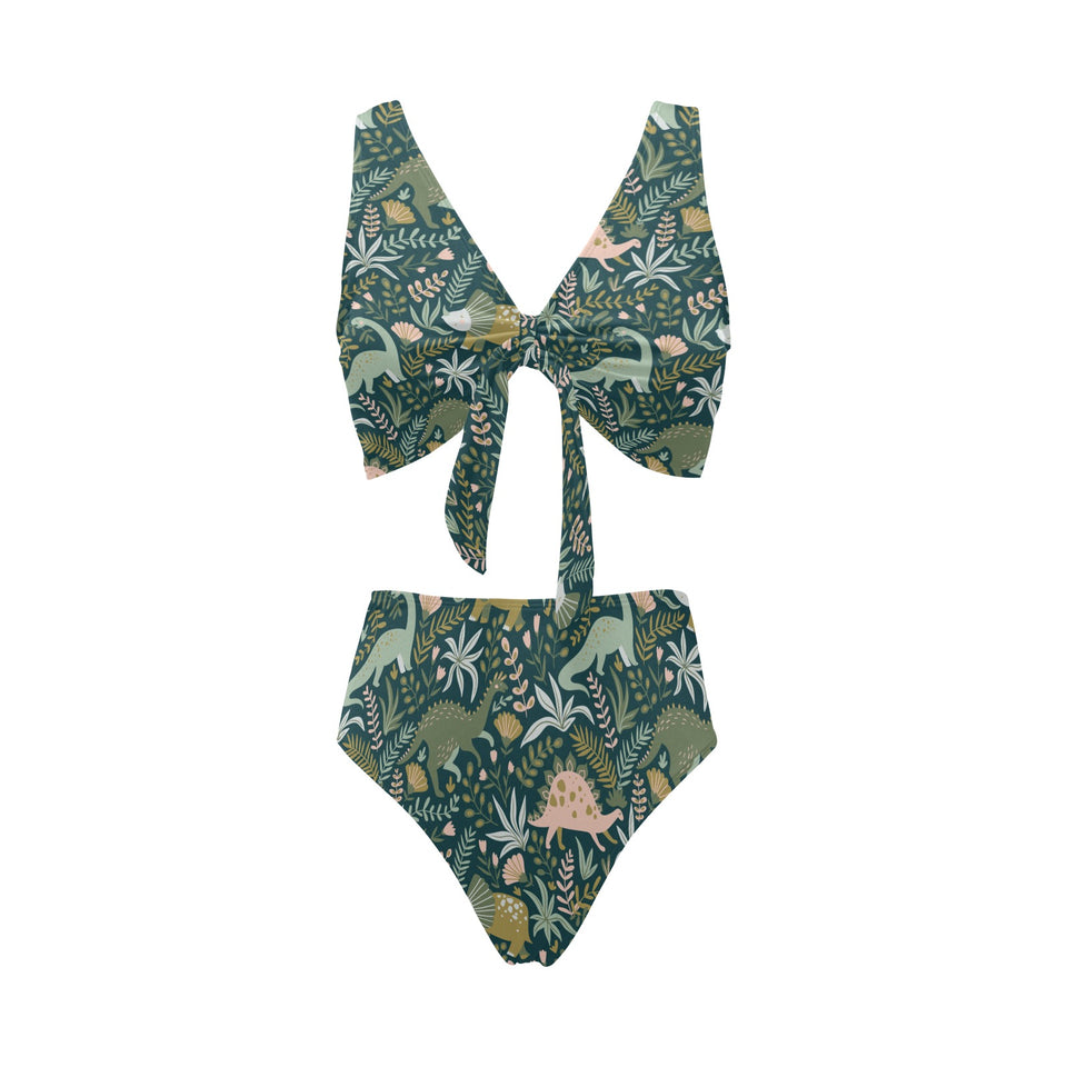 dinosaurs tropical leaves flower pattern Chest Bowknot High Waisted Bikini Swimsuit