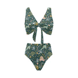 dinosaurs tropical leaves flower pattern Chest Bowknot High Waisted Bikini Swimsuit