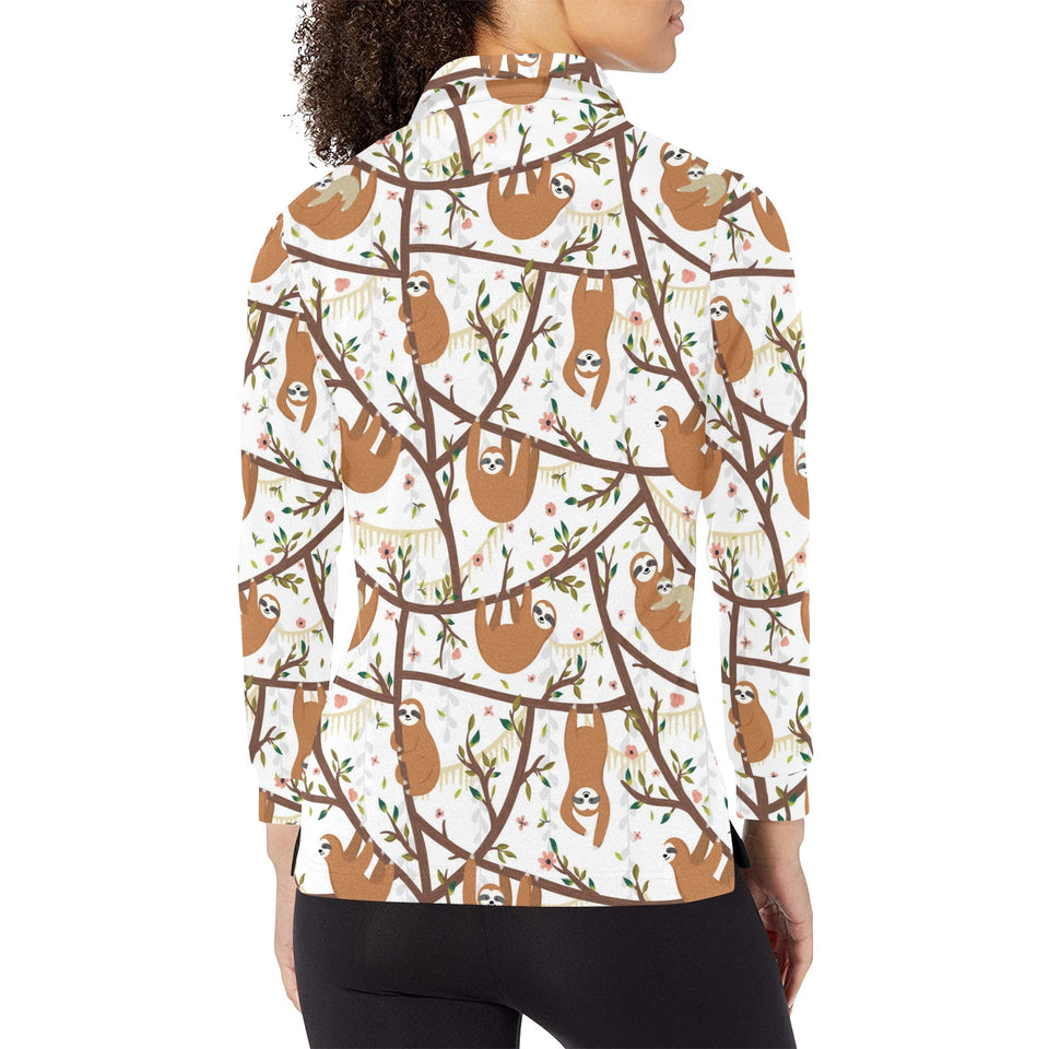 Sloths hanging on the tree pattern Women's Long Sleeve Polo Shirt