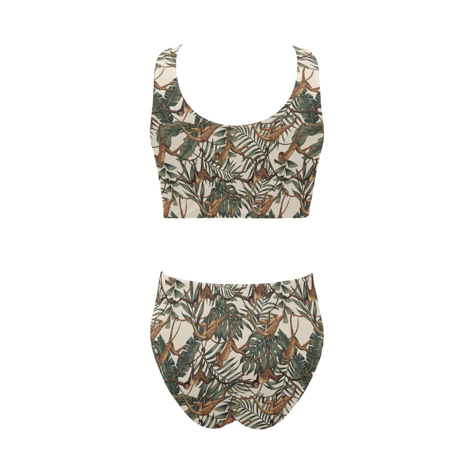 Monkey tropical leaves background Chest Bowknot High Waisted Bikini Swimsuit