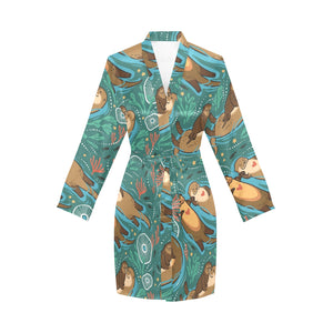 cute brown sea otters ornamental seaweed corals gr Women's Long Sleeve Belted Night Robe