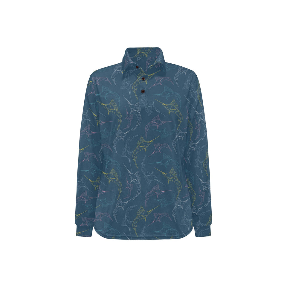 Swordfish Pattern Print Design 02 Women's Long Sleeve Polo Shirt