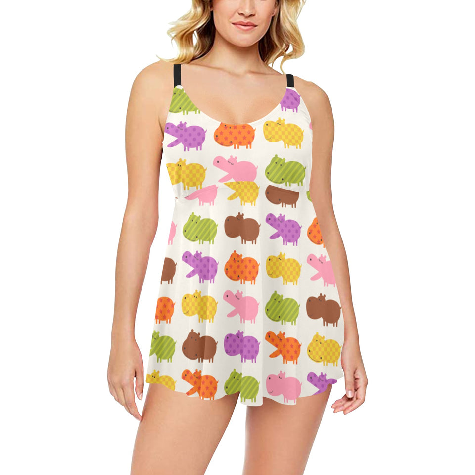 Hippopotamus Pattern Print Design 01 Chest Sexy Pleated Two Piece Swim Dress