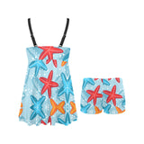 Blue red orange starfish pattern Chest Sexy Pleated Two Piece Swim Dress