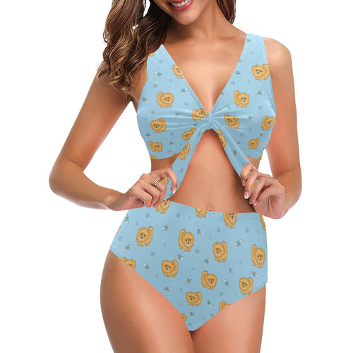 Brown cute pomeranian blue blackground Chest Bowknot High Waisted Bikini Swimsuit