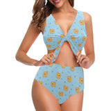 Brown cute pomeranian blue blackground Chest Bowknot High Waisted Bikini Swimsuit