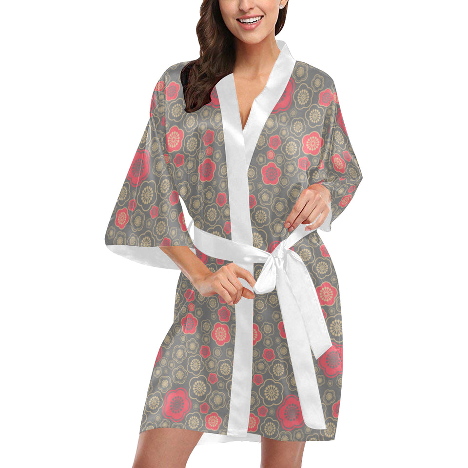 Red gold Sakura cherry blossom gray background Women's Short Kimono Robe