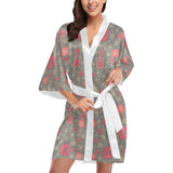 Red gold Sakura cherry blossom gray background Women's Short Kimono Robe
