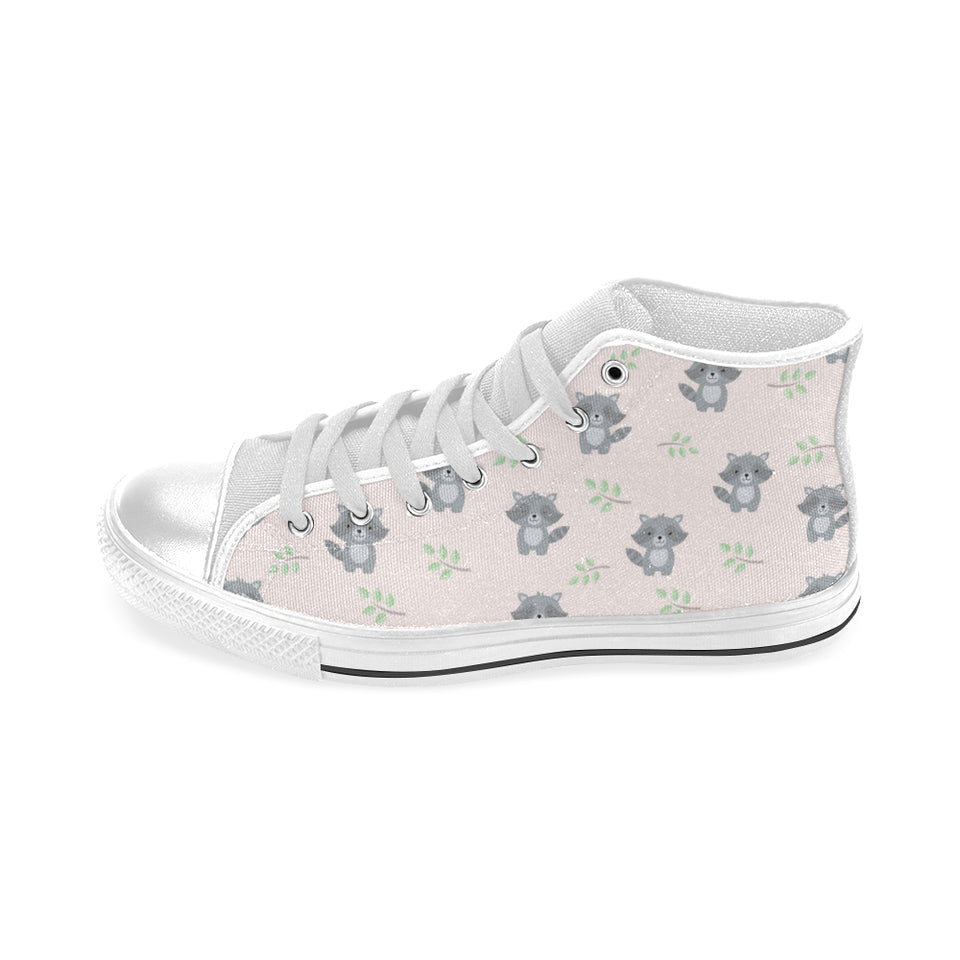 cute raccoons leaves pattern Men's High Top Canvas Shoes White