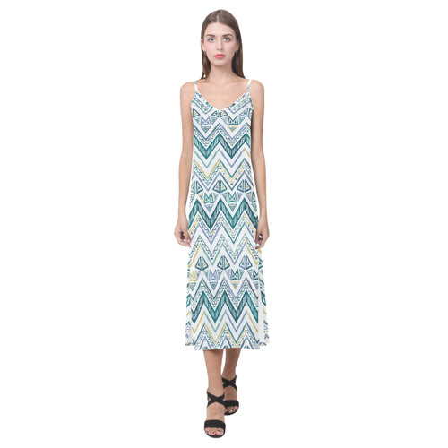 zigzag  chevron paint design pattern V-Neck Open Fork Long Dress