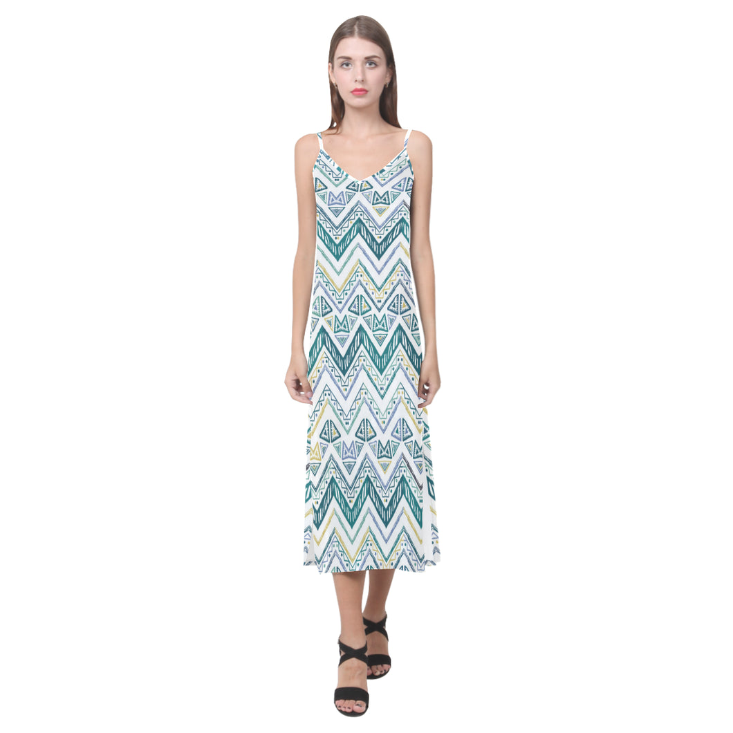 zigzag  chevron paint design pattern V-Neck Open Fork Long Dress