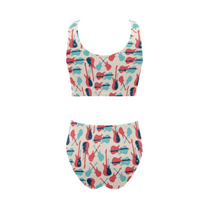 Red Blue guitar pattern Chest Bowknot High Waisted Bikini Swimsuit