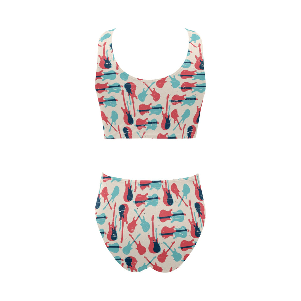 Red Blue guitar pattern Chest Bowknot High Waisted Bikini Swimsuit