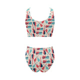 Red Blue guitar pattern Chest Bowknot High Waisted Bikini Swimsuit