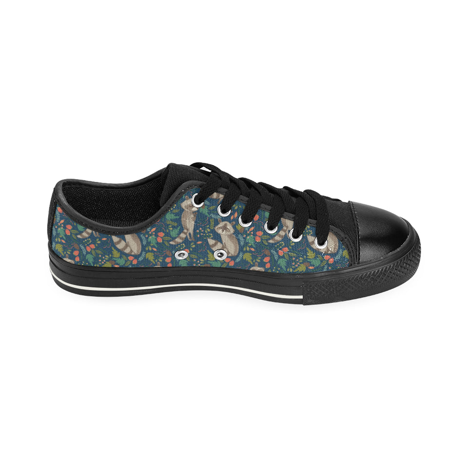 Raccoon tropical leaves pattern Men's Low Top Canvas Shoes Black