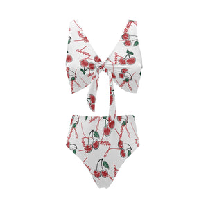 Hand drawn cherry pattern Chest Bowknot High Waisted Bikini Swimsuit