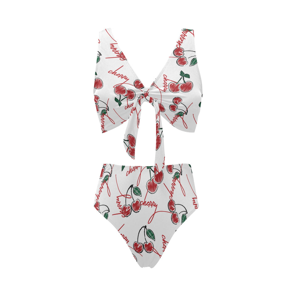 Hand drawn cherry pattern Chest Bowknot High Waisted Bikini Swimsuit