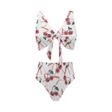 Hand drawn cherry pattern Chest Bowknot High Waisted Bikini Swimsuit