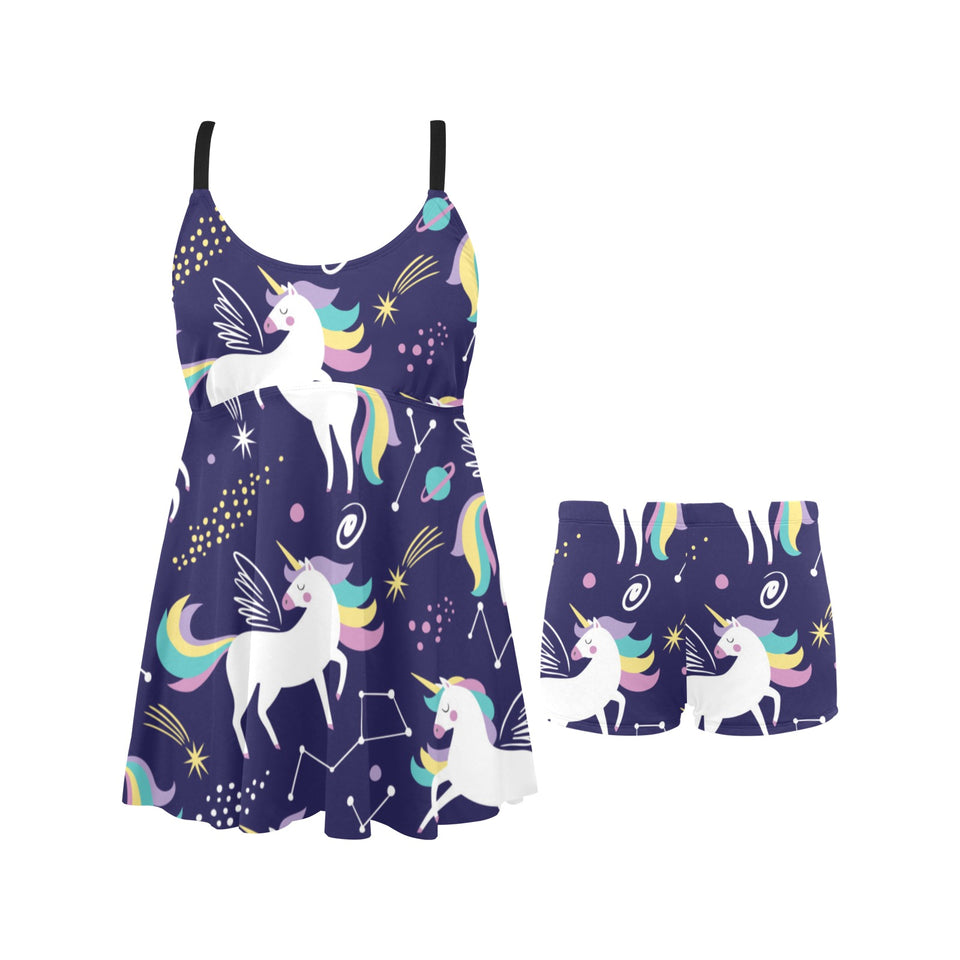 Hand drawn cute unicorn star planet Chest Sexy Pleated Two Piece Swim Dress