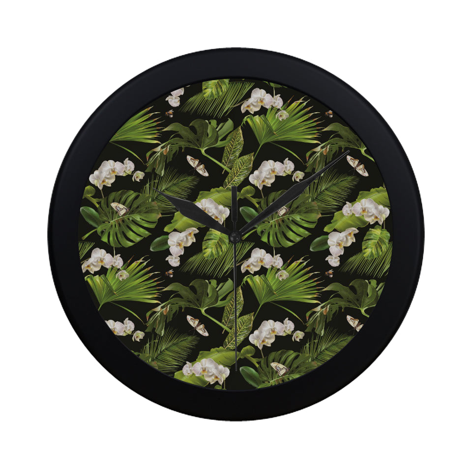White orchid flower tropical leaves pattern blackg Elegant Black Wall Clock